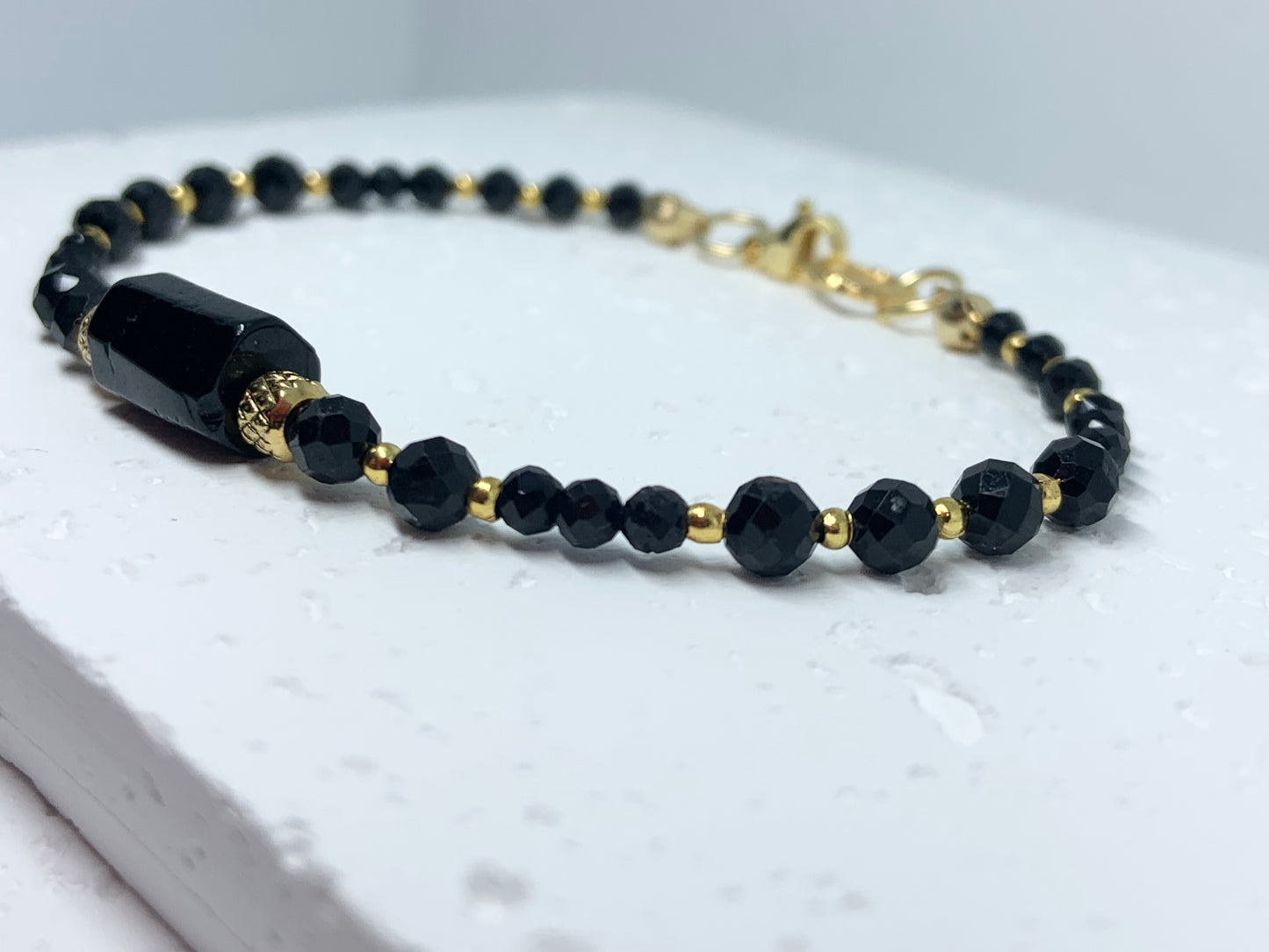 Black Tourmaline Bracelet with Gold Accents – Handmade Protection Jewelry for Strength & Style