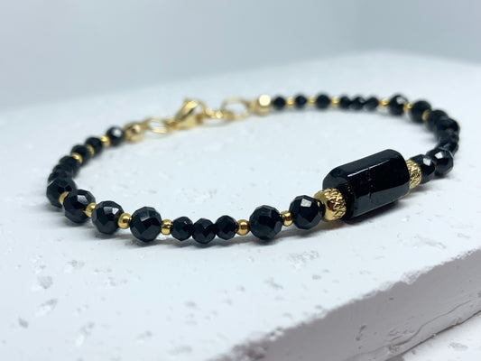 Black Tourmaline Bracelet with Gold Accents – Handmade Protection Jewelry for Strength & Style
