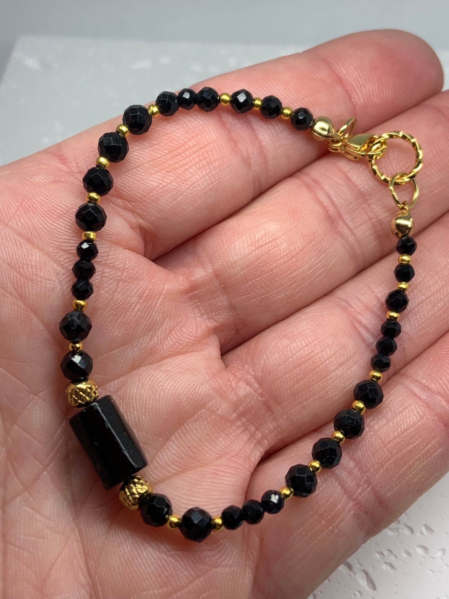 Black Tourmaline Bracelet with Gold Accents – Handmade Protection Jewelry for Strength & Style