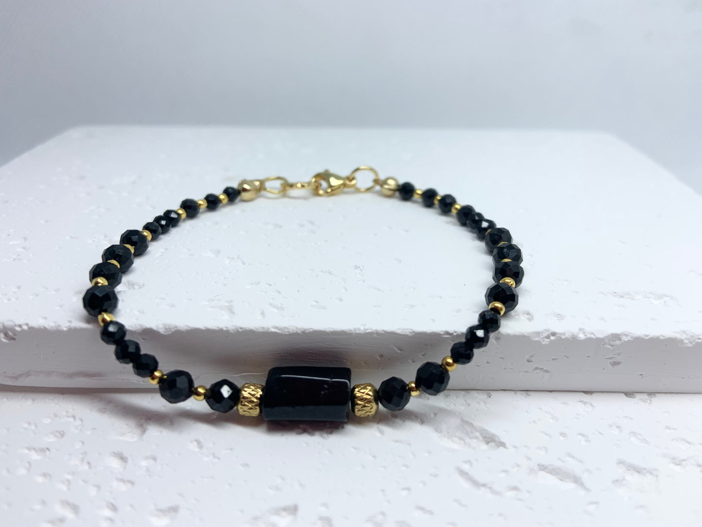 Black Tourmaline Bracelet with Gold Accents – Handmade Protection Jewelry for Strength & Style