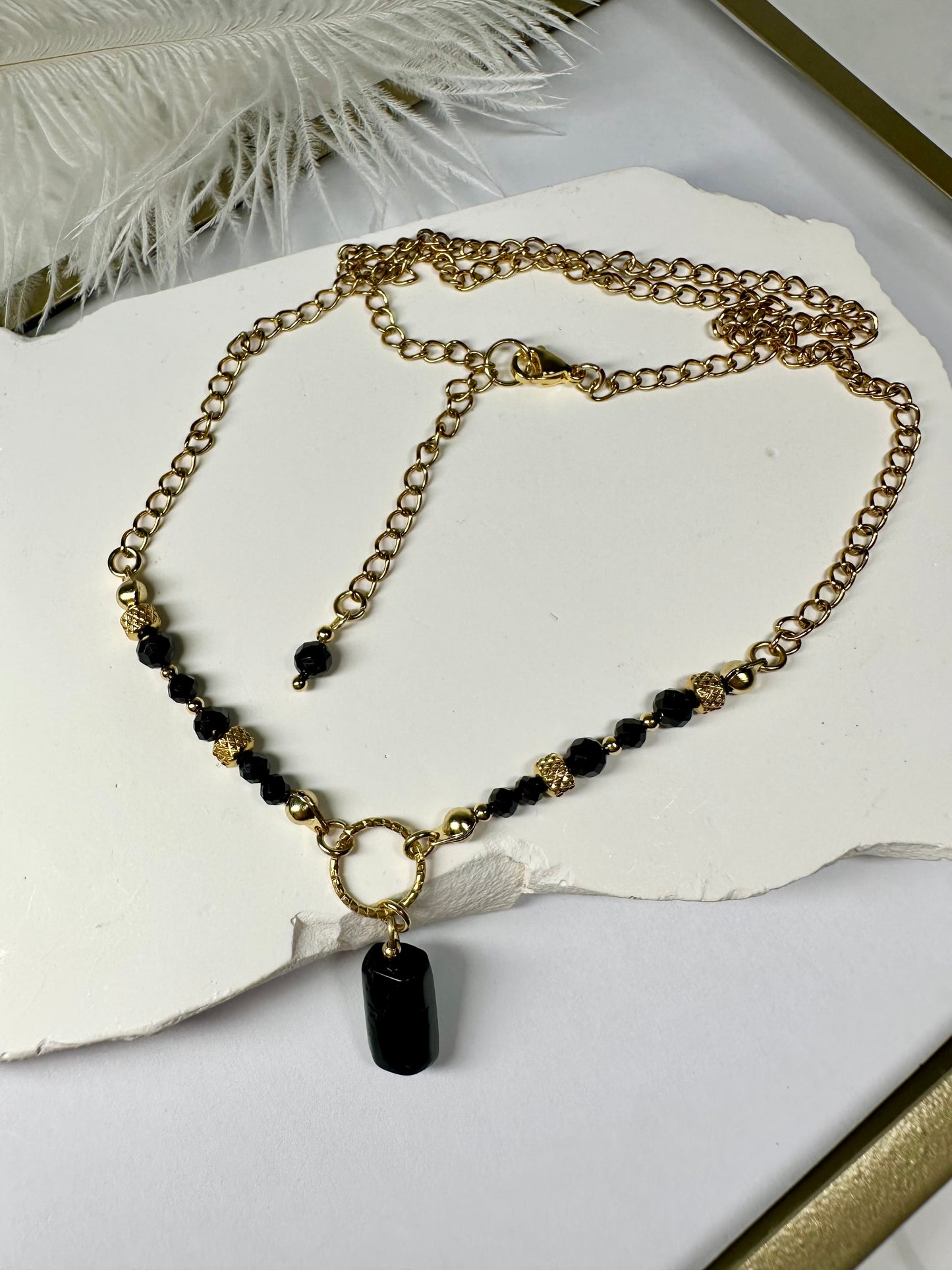 Handmade Black Tourmaline Beaded Necklace on 316L Stainless Steel Chain – Grounding & Protection
