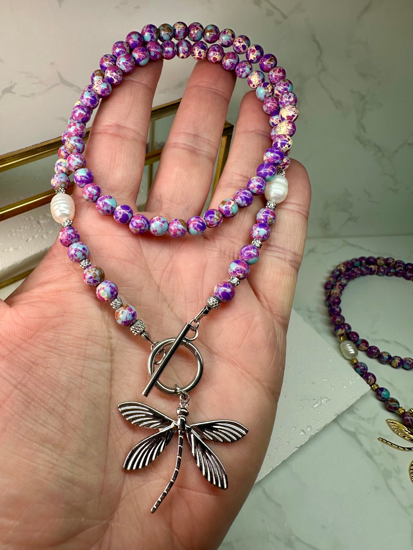 Purple Blue Sea Sediment Imperial Jasper Necklace-Barogue Pearl -Dragonfly Pendant