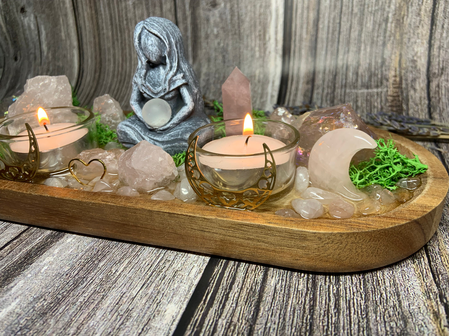 Goddess Love & Self‑Love Crystal Candle Holder | Rose Quartz - Aura Quartz Altar Tray | Divine Feminine Ritual Decor, Spiritual Gift Display