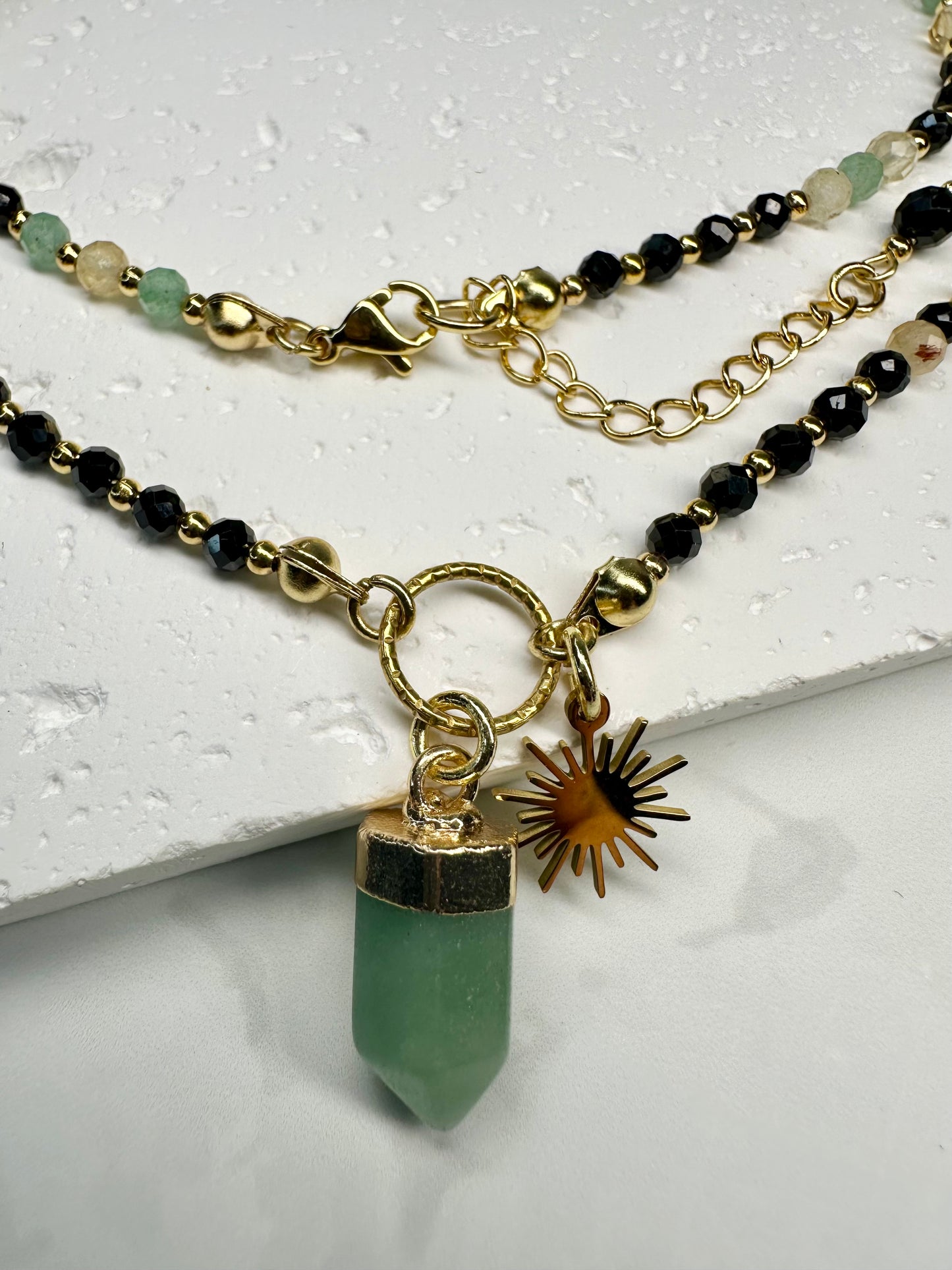 Green Aventurine Black Tourmaline Citrine Necklace • Ponity Crystal Pendant