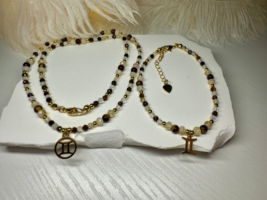 Gemini Zodiac Jewelry Set – Handmade Tiger Eye, Citrine & Clear Quartz Necklace and Bracelet Astrology Gift
