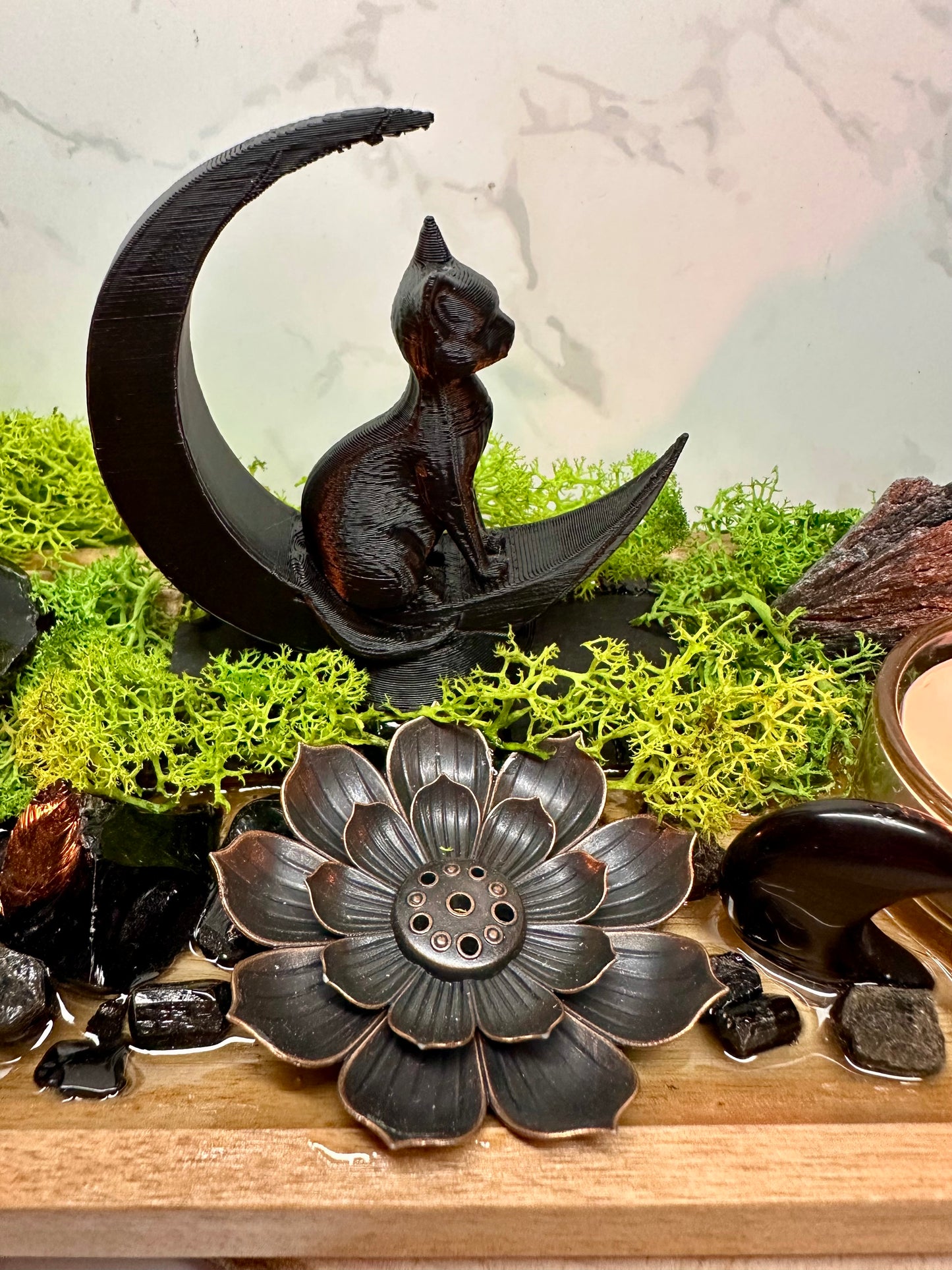 Black Tourmaline & Obsidian Moon Cat Altar | Incense Holder | Housewarming Gift |Witchcraft Decor | Protection Crystal Tray| Resin Altar