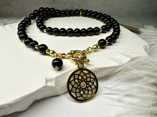 Black Tourmaline Necklace with Mandala Pendant | Protection,Balance & Energetic Harmony