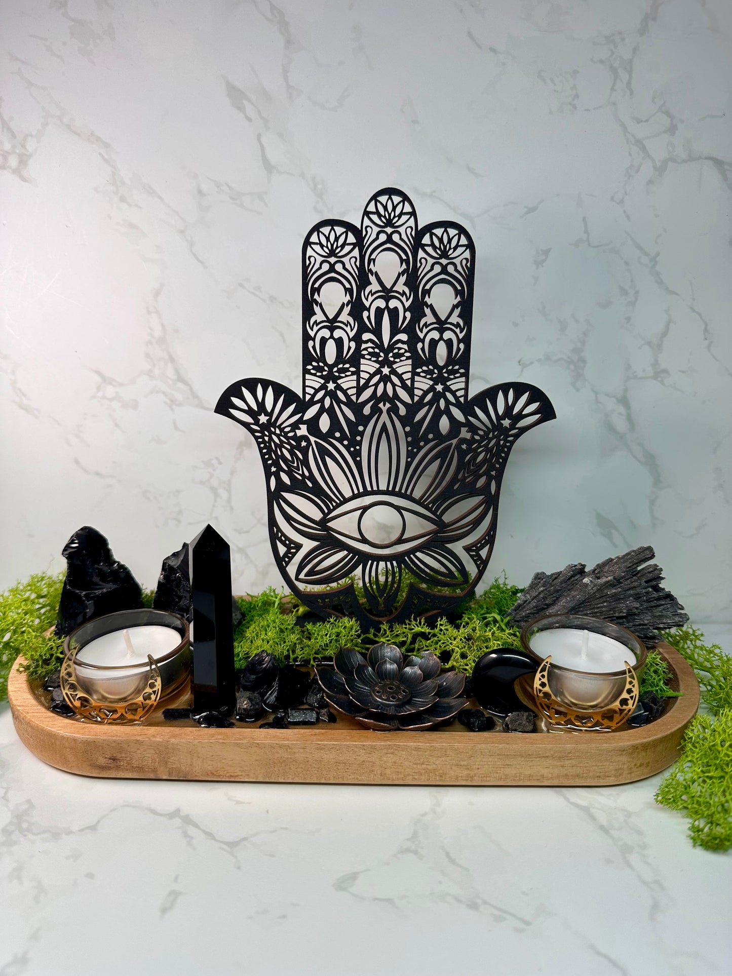 Black Tourmaline, Obsidian Protection Tray | Hamsa Hand Evil Eye Decor | Resin Altar Tray with Incense Holder | Ritual Decor, Spiritual Gift