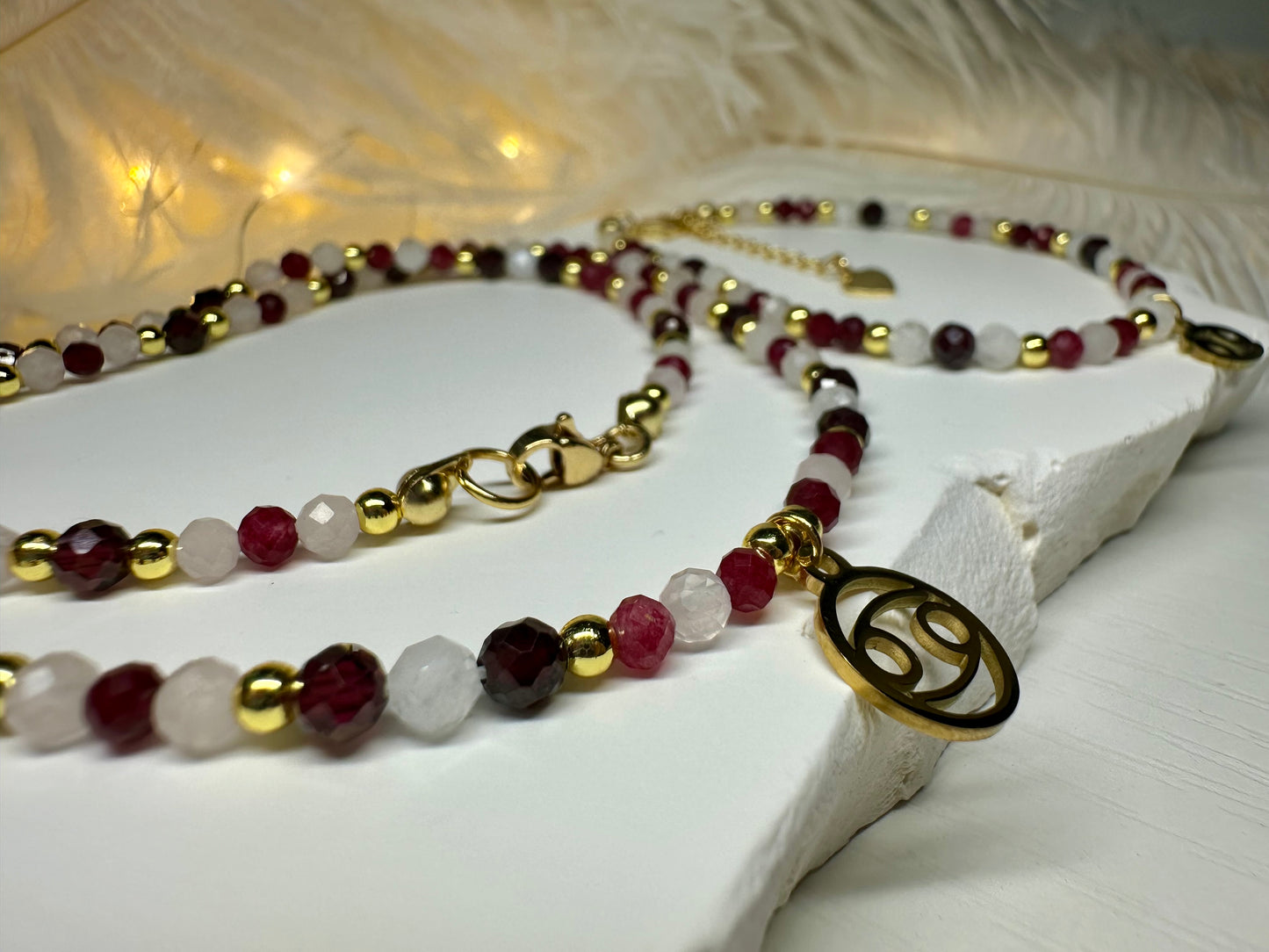 Cancer Zodiac Jewelry Set – Handmade Ruby, Rose Quartz & Moonstone Necklace and Bracelet Astrology Gift