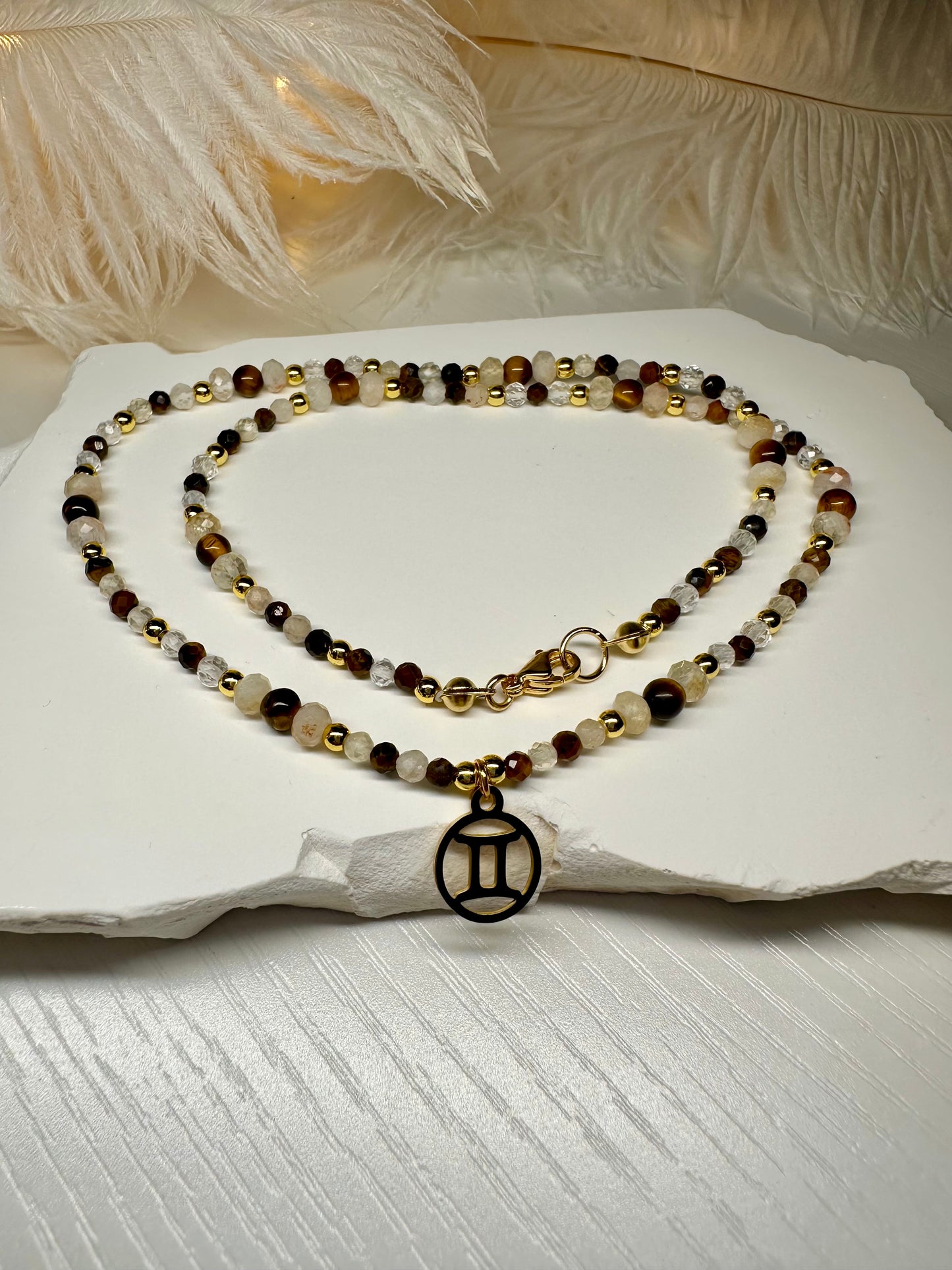 Handmade Gemini Zodiac Necklace – Tiger Eye, Citrine & Clear Quartz