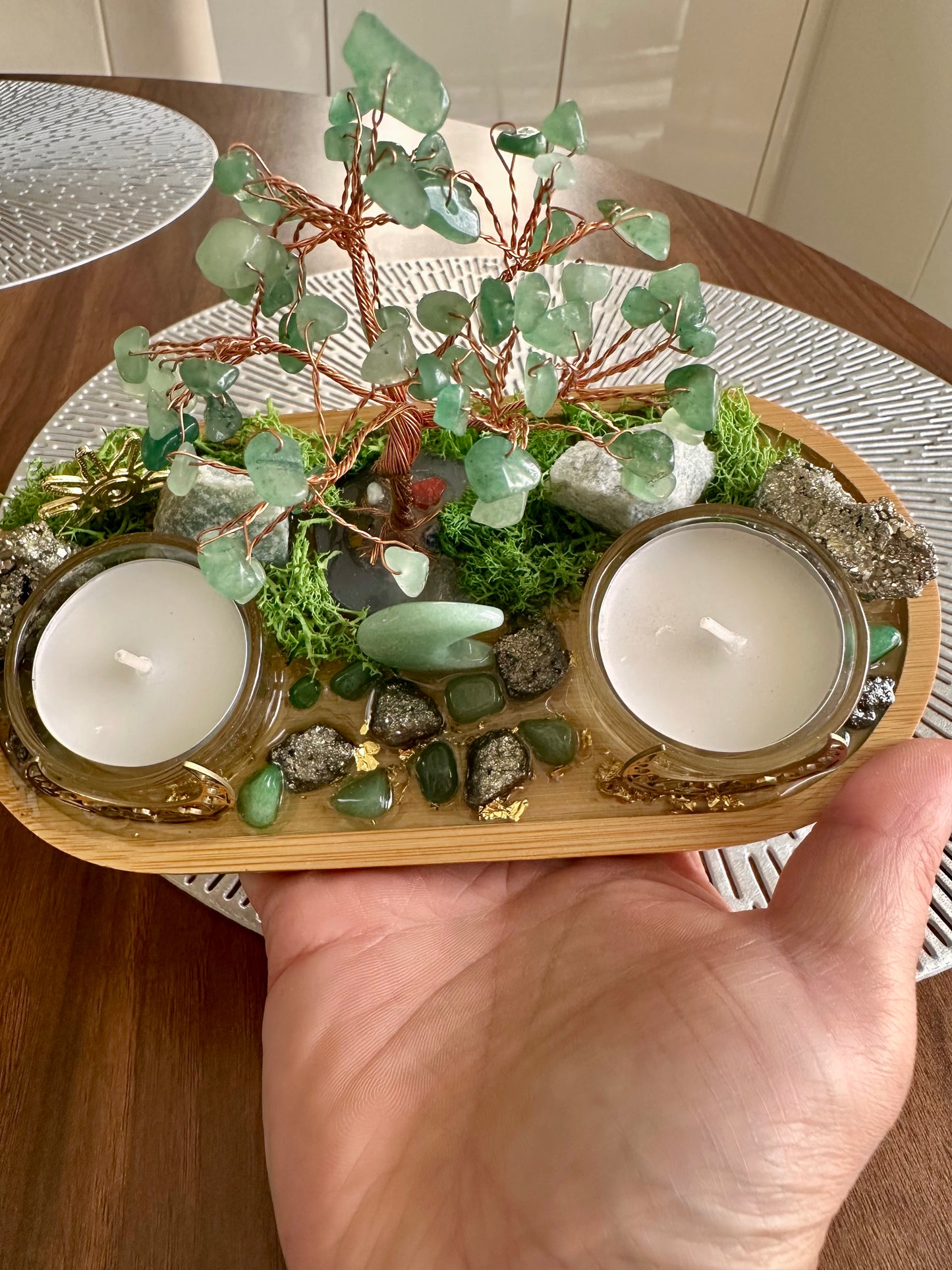 Pyrite & Green Aventurine Money Tree Tray | Prosperity Altar Decor | Wealth Manifestation Crystal Set | Abundance Ritual Gift