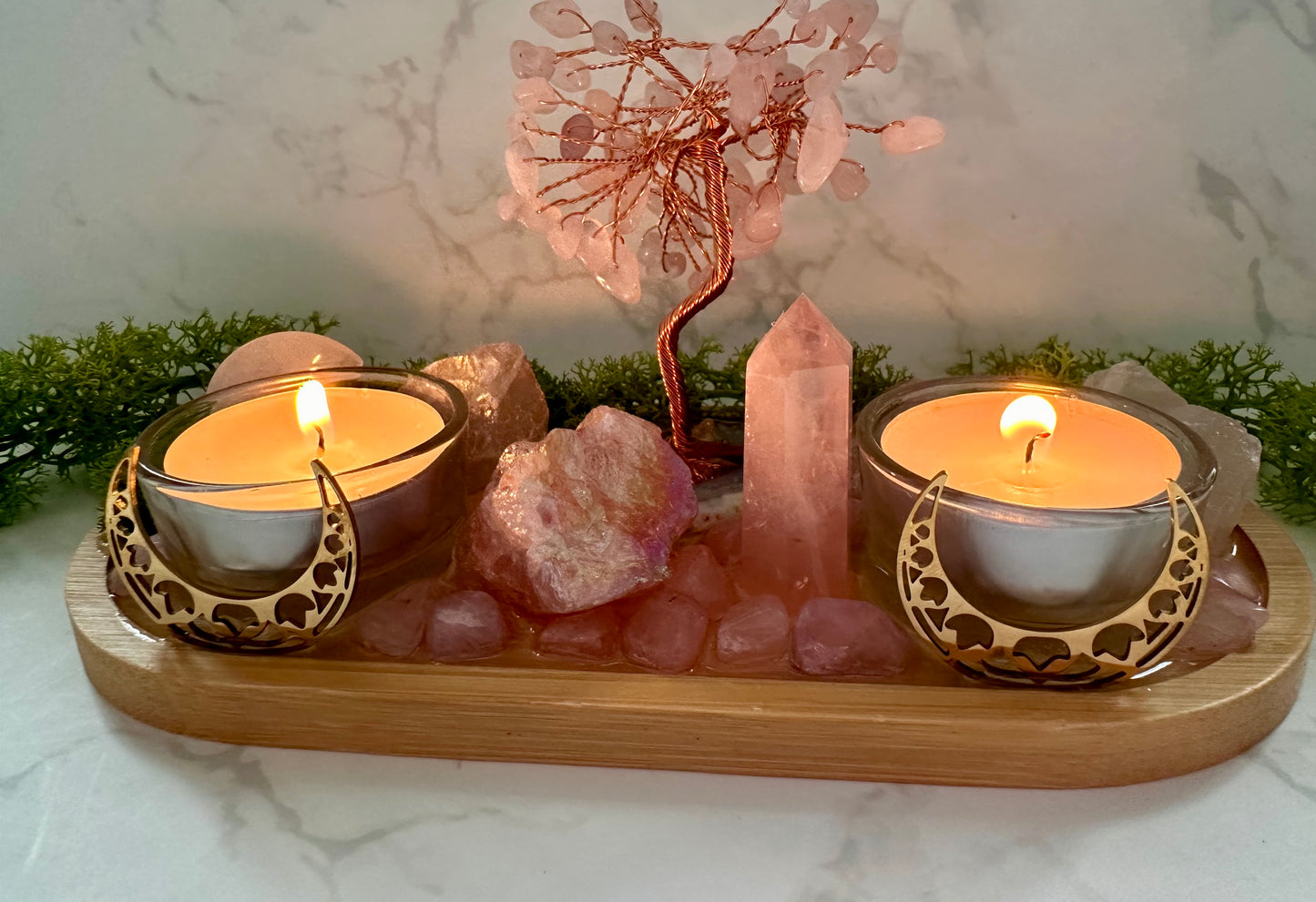 Love & Self‑Love Crystal Candle Holder | Rose Quartz Altar Tray | Divine Feminine Ritual Decor, Spiritual Gift,