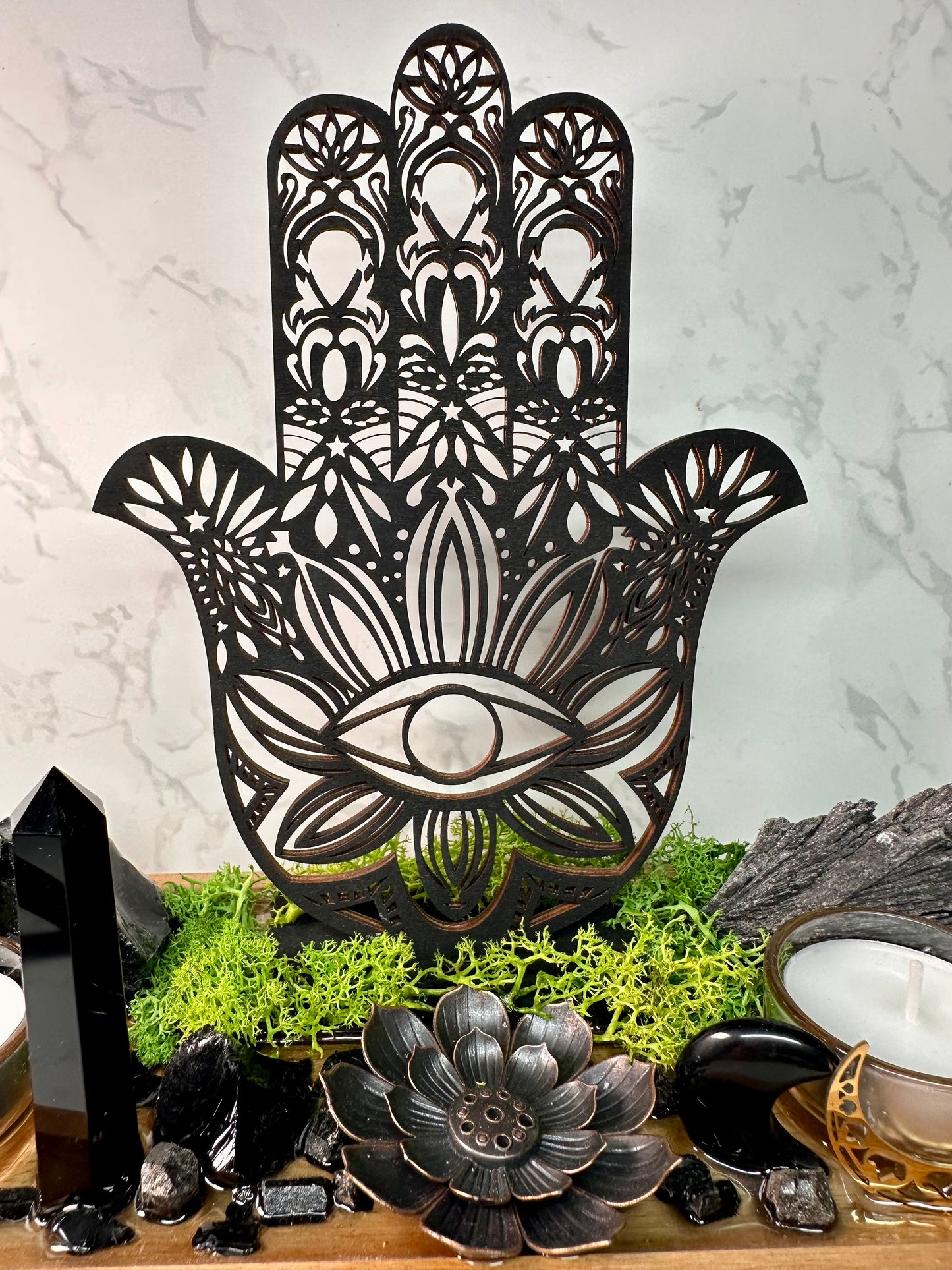 Black Tourmaline, Obsidian Protection Tray | Hamsa Hand Evil Eye Decor | Resin Altar Tray with Incense Holder | Ritual Decor, Spiritual Gift