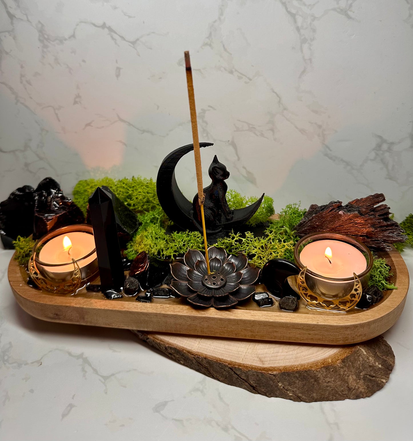 Black Tourmaline & Obsidian Moon Cat Altar | Incense Holder | Housewarming Gift |Witchcraft Decor | Protection Crystal Tray| Resin Altar