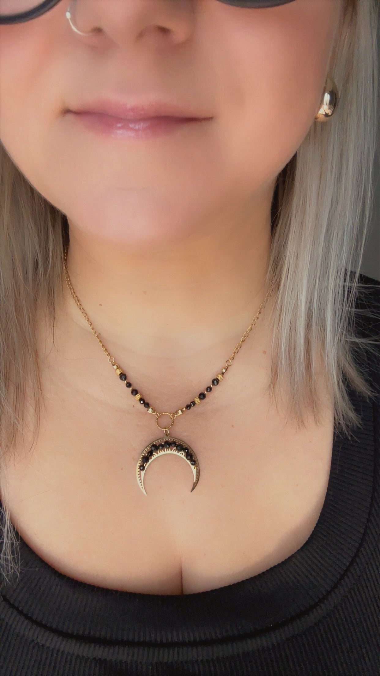 Hand‑Beaded Crescent Moon Necklace with Black Tourmaline