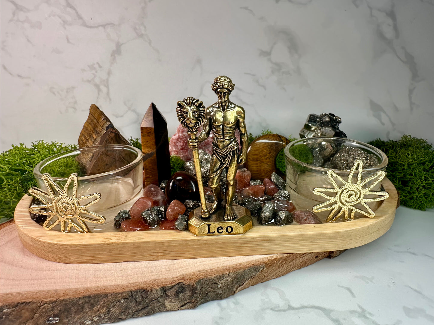 Leo Zodiac Crystal Tray • Tiger Eye, Sunstone & Pyrite • Handmade Leo Altar