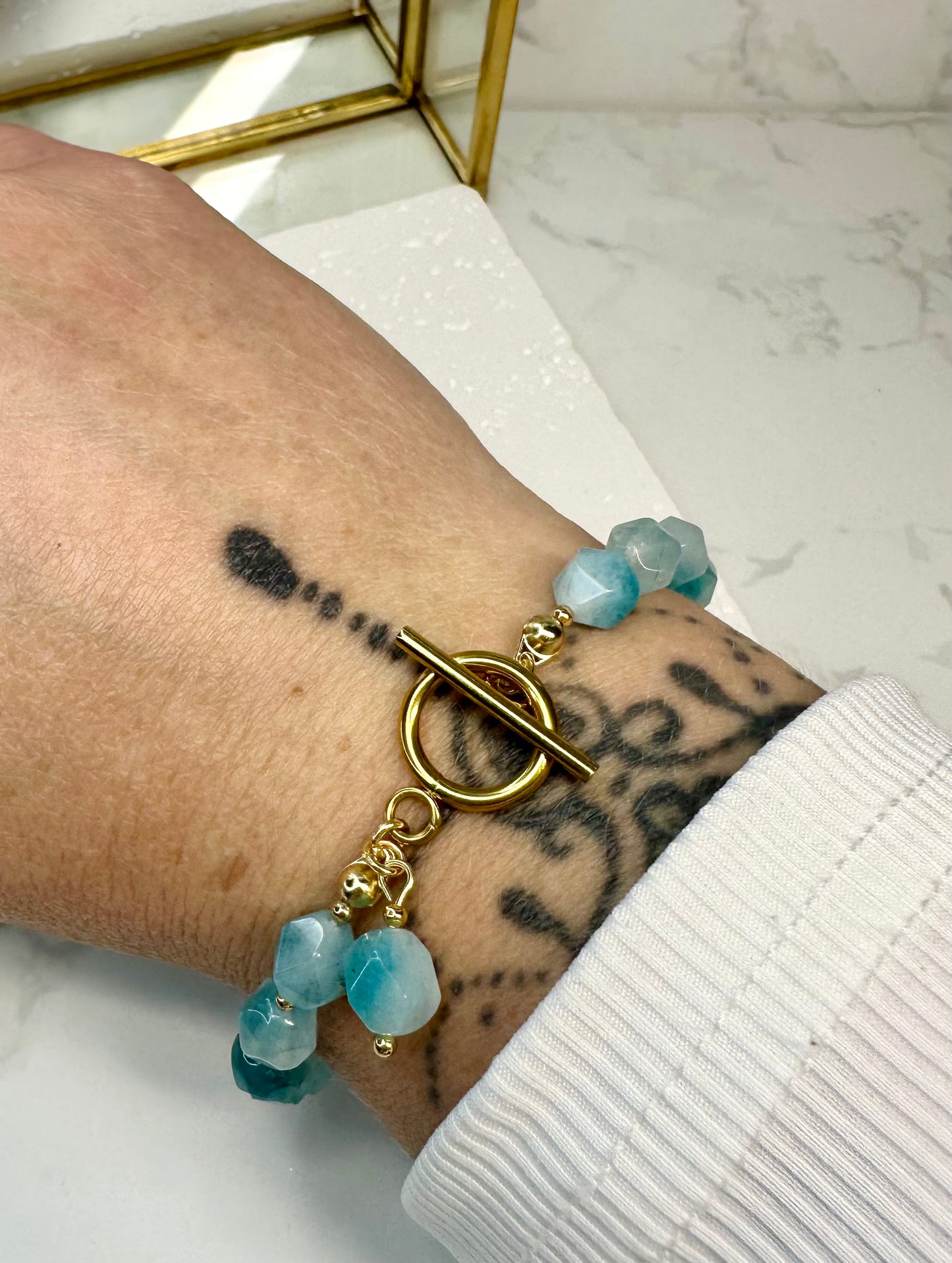Aqua Blue Jade Bracelet • 8mm•Toggle Clasp
