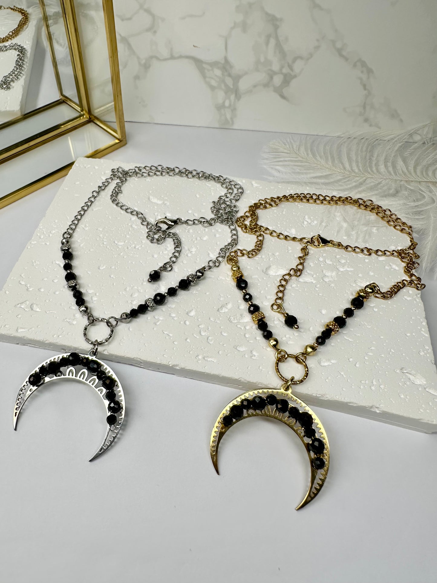 Hand‑Beaded Crescent Moon Necklace with Black Tourmaline