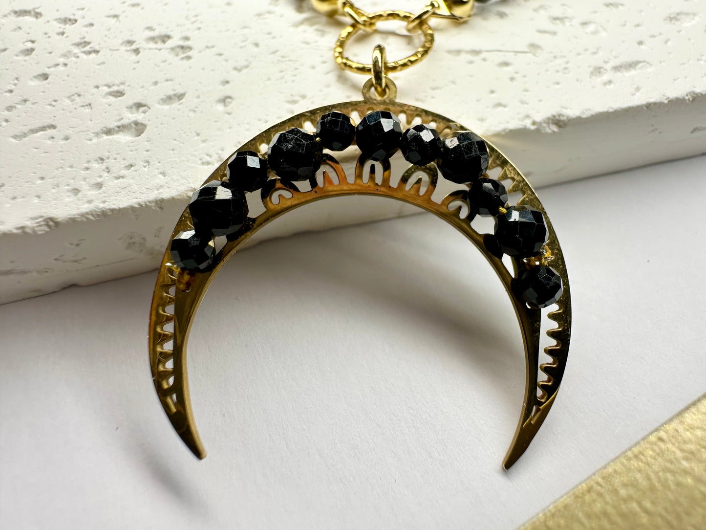 Hand‑Beaded Crescent Moon Necklace with Black Tourmaline