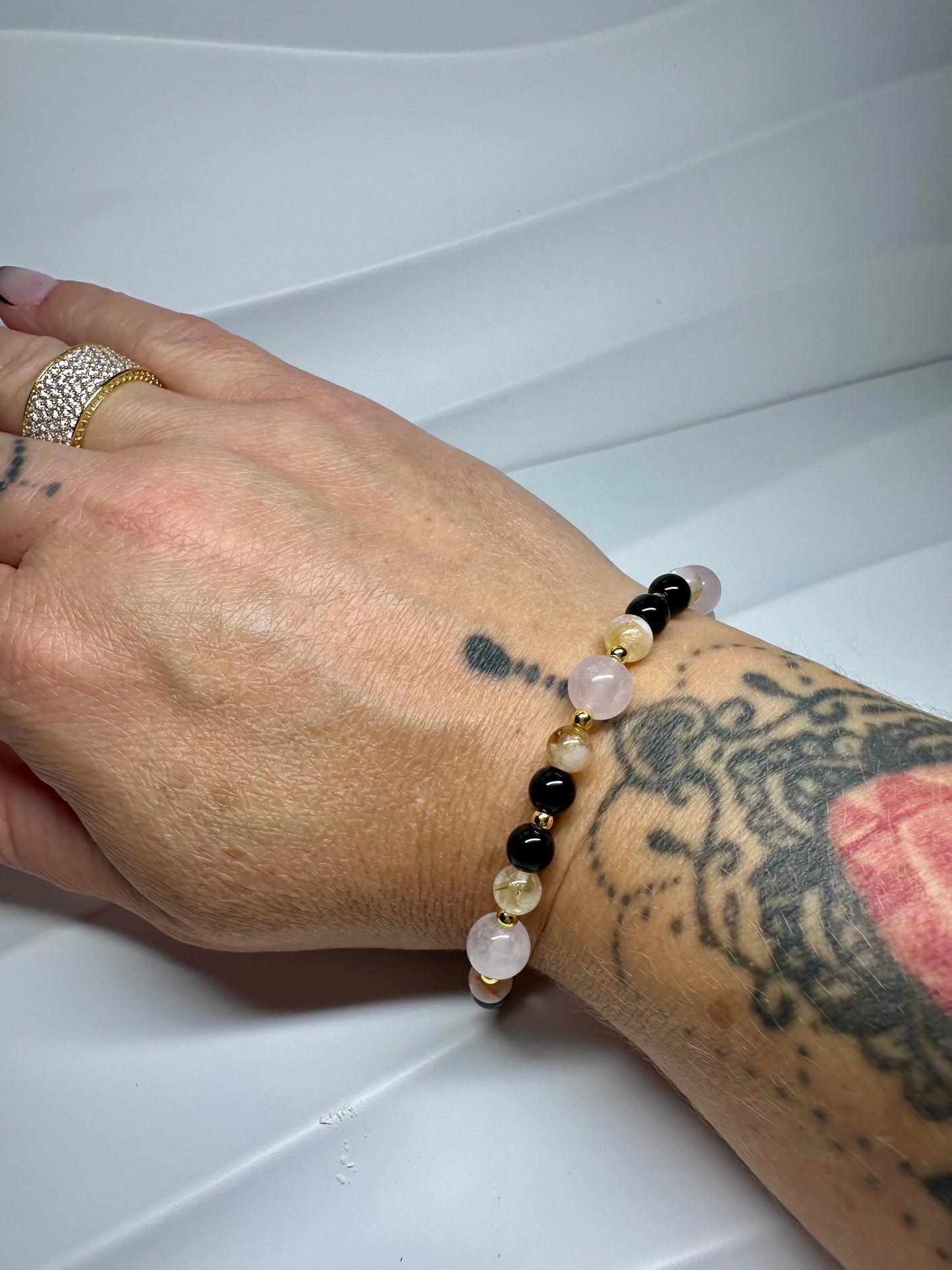 Citrine, Black Tourmaline, Rose Quartz Bracelet – Protection, Love & Abundance Bracelet