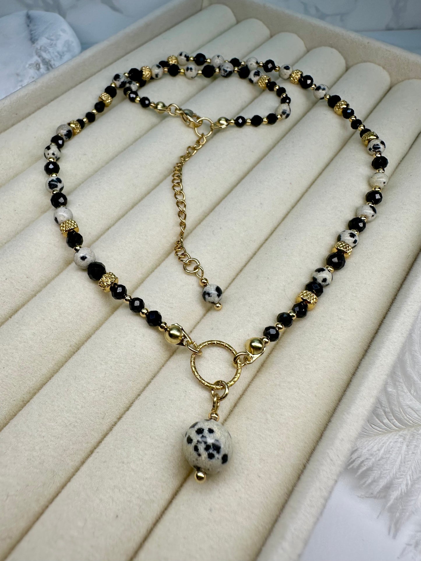 Black Tourmaline & Dalmatian Jasper Necklace – Protection, Grounding and Balance