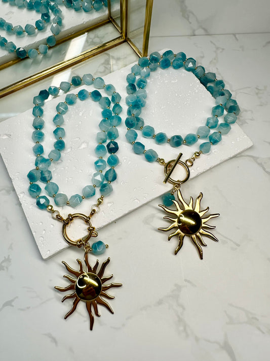 Handmade Beaded Aqua Jade Necklace with Sun Pendant