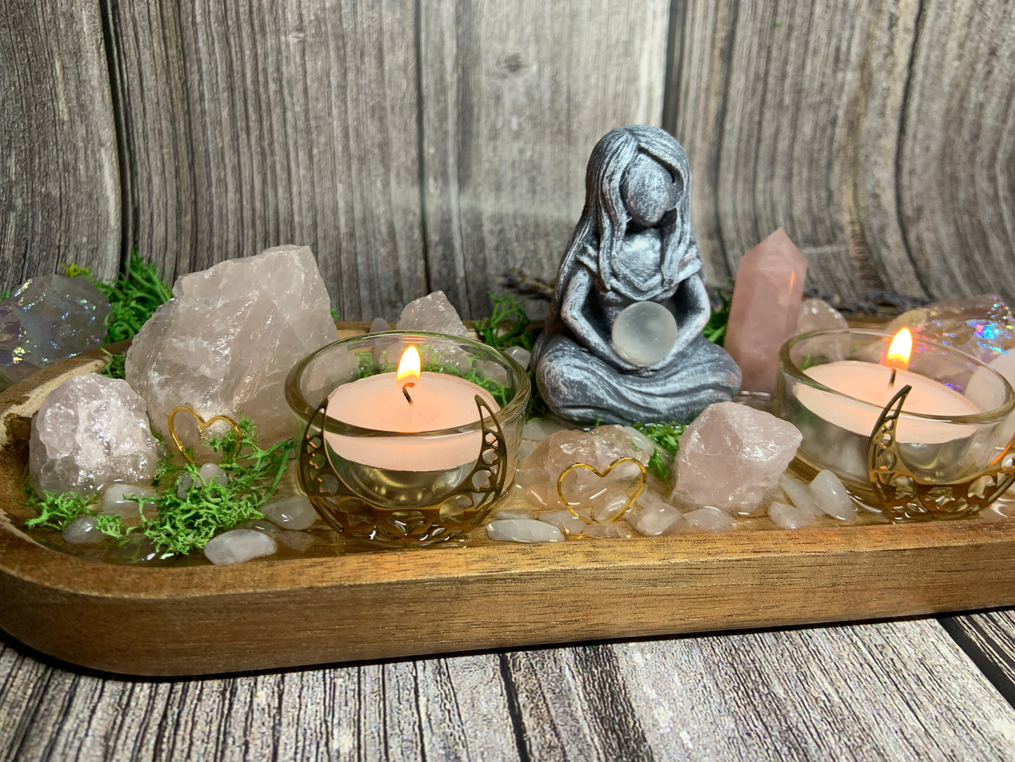 Goddess Love & Self‑Love Crystal Candle Holder | Rose Quartz - Aura Quartz Altar Tray | Divine Feminine Ritual Decor, Spiritual Gift Display