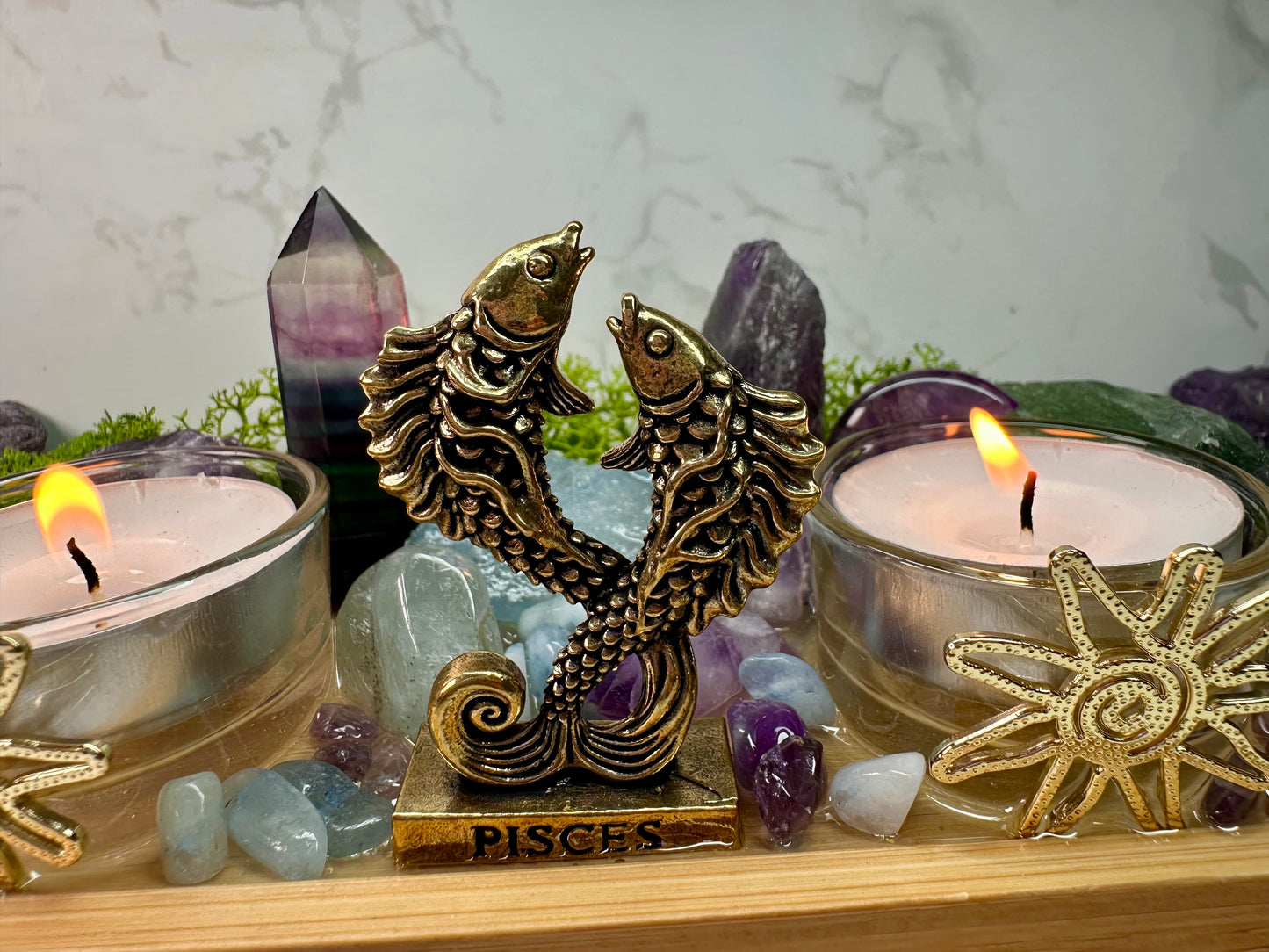 Pisces Zodiac Crystal Altar • Rainbow Fluorite, Aquamarine & Amethyst