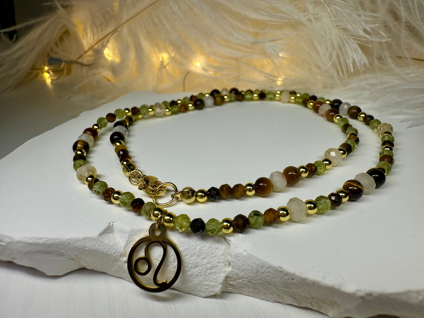 Handmade Leo Zodiac Necklace – Peridot, Tiger Eye & Citrine Beaded Crystal Jewelry Astrology Birthday Gift