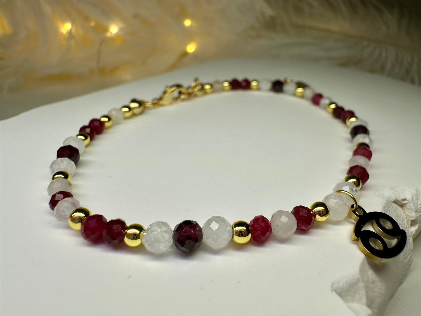 Handmade Cancer Zodiac Bracelet – Ruby, Rose Quartz & Moonstone Beaded Crystal Jewelry Astrology Birthday Gift