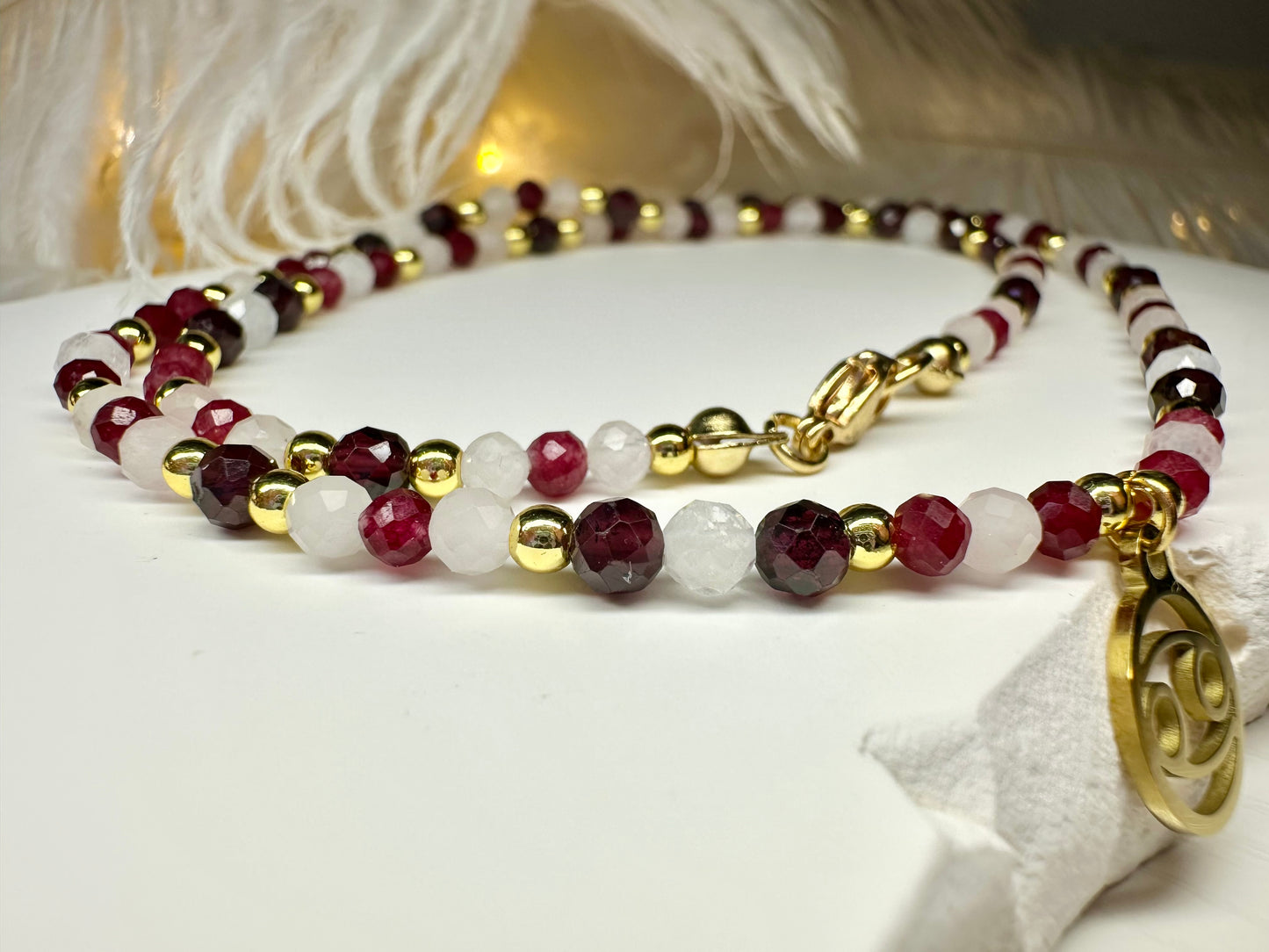 Handmade Cancer Zodiac Necklace – Ruby, Rose Quartz & Moonstone, Astrology Birthday Gift