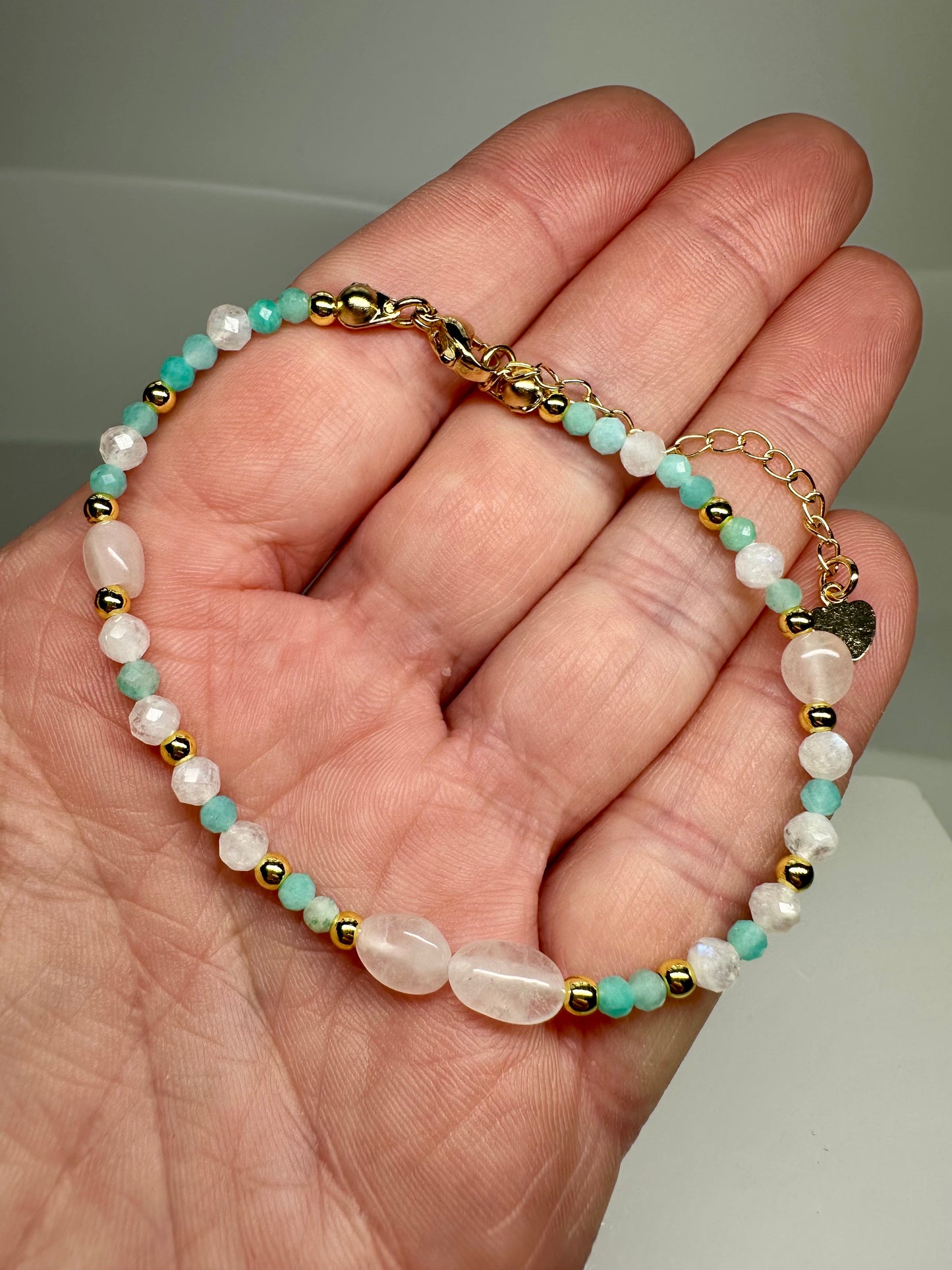 Moonstone, Rose Quartz & Amazonite Bracelet | Handmade Crystal Jewelry for Confidence, Love & Intuition