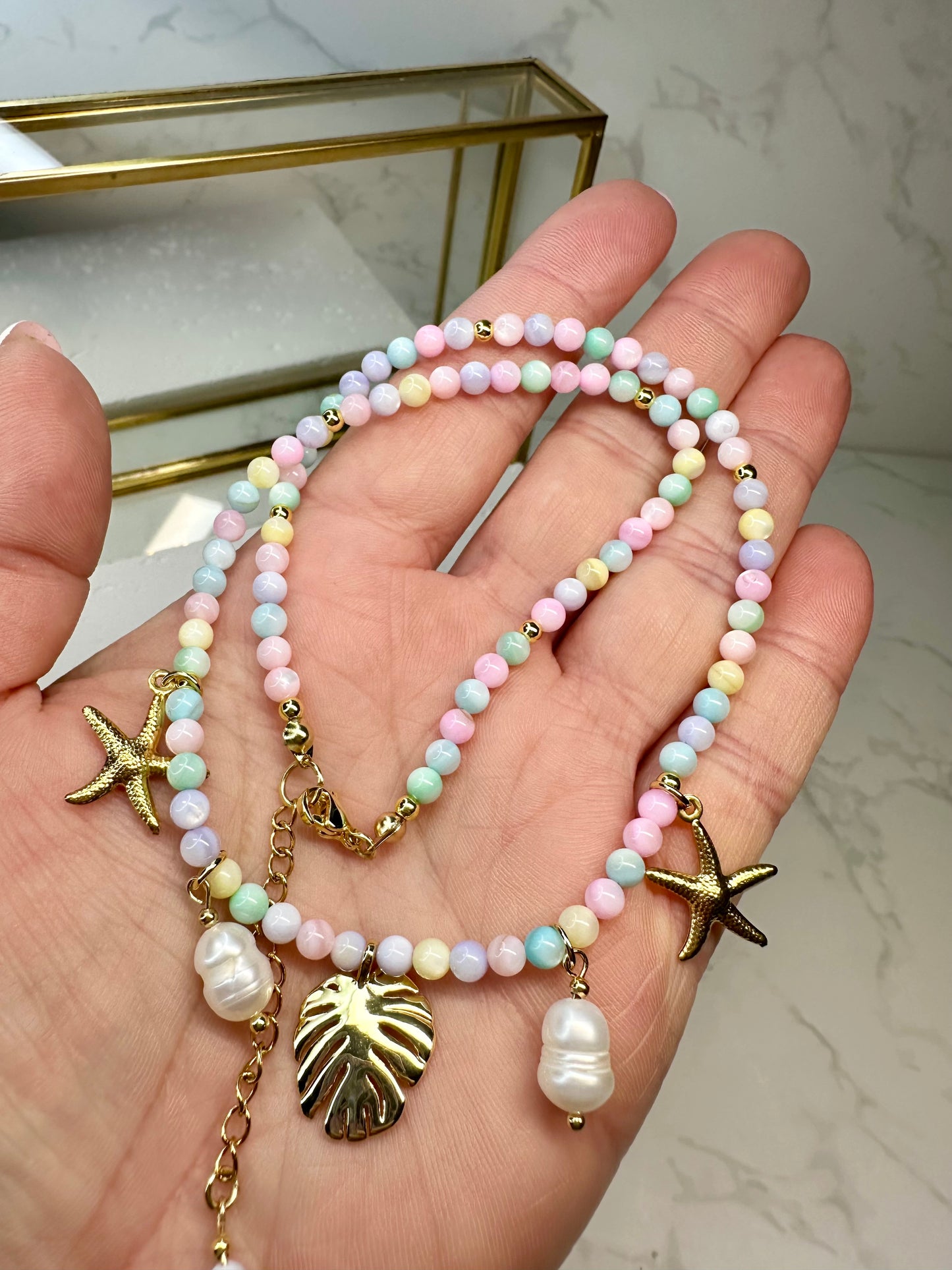 Shell Bead Necklace with Multicolour Pastel Beads, Freshwater Pearl, Starfish & Leaf Charms