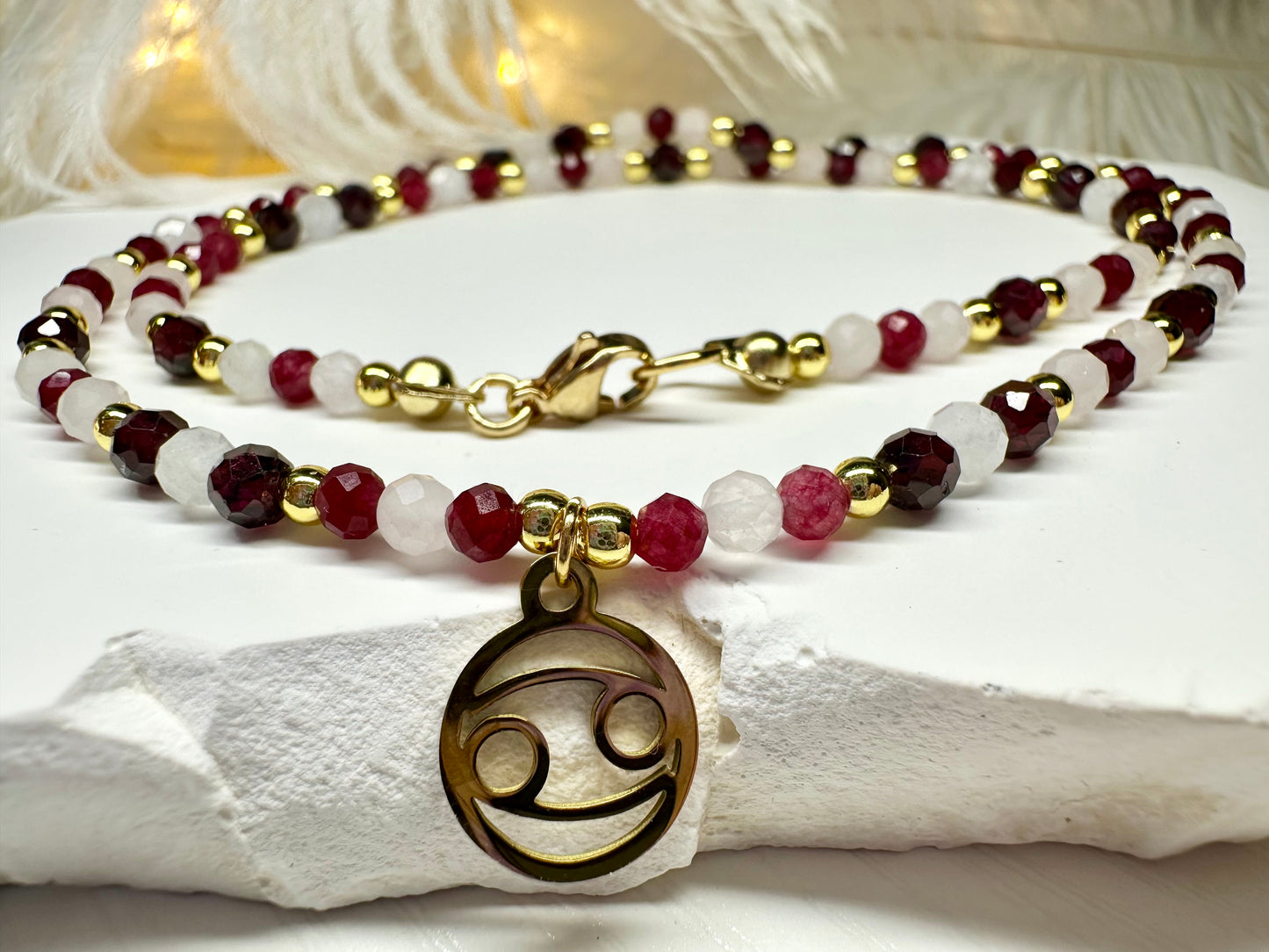 Handmade Cancer Zodiac Necklace – Ruby, Rose Quartz & Moonstone, Astrology Birthday Gift