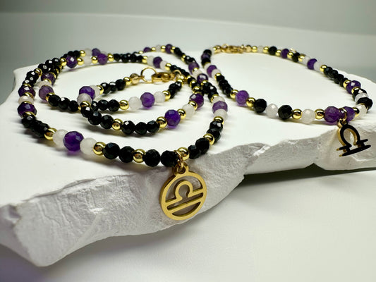 Libra Zodiac Jewellery Set – Bracelet & Necklace | Black Tourmaline, Amethyst & Rose Quartz | Handmade Crystal Gift