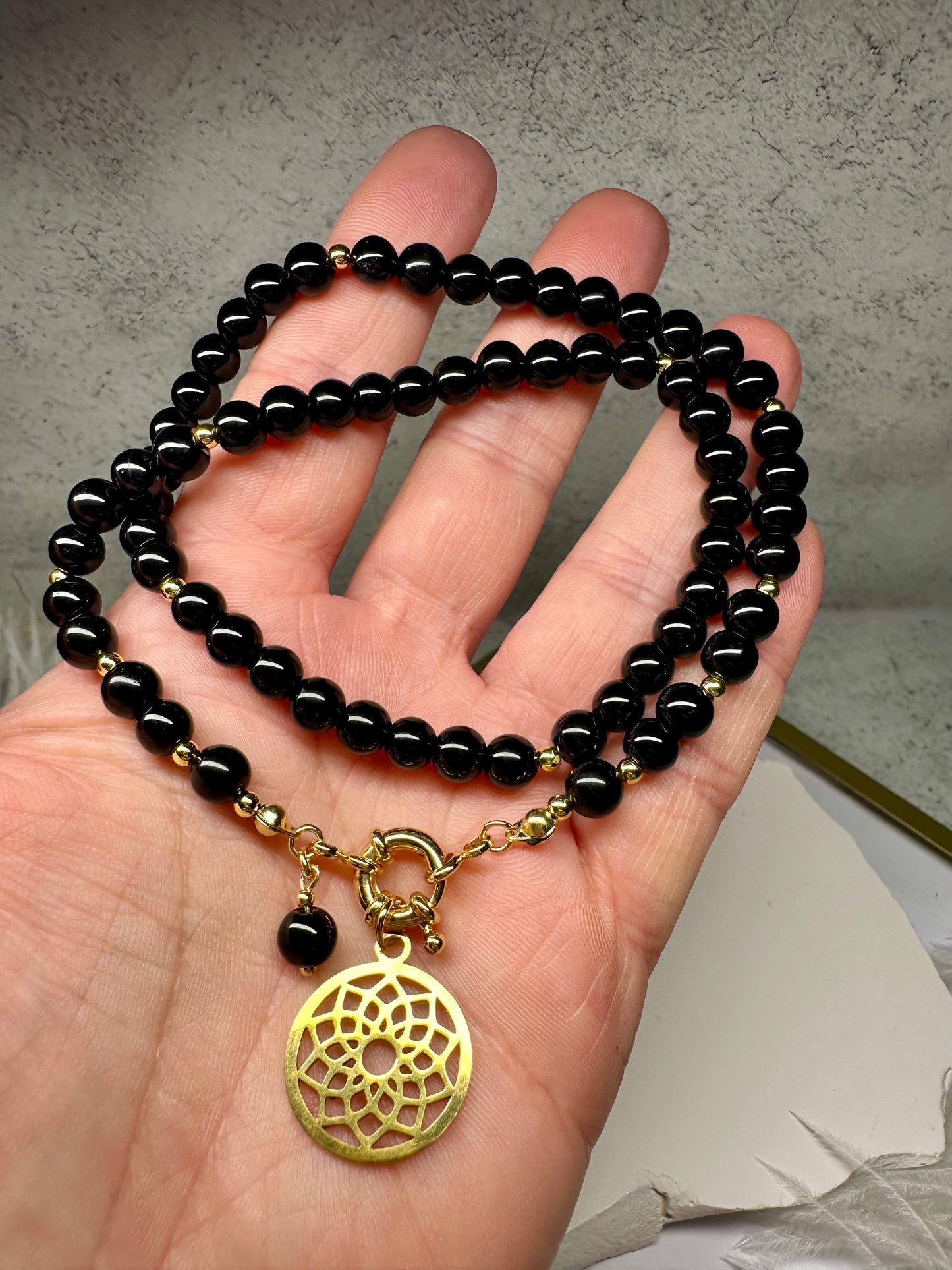 Black Tourmaline Necklace with Mandala Pendant | Protection,Balance & Energetic Harmony