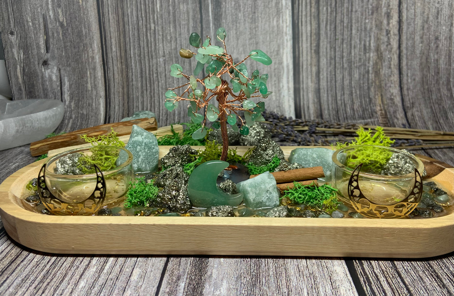 Prosperity Altar Tray, Money Pyrite & Green Aventurine Money Tree Candle Holder , Wealth Manifestation Decor, Abundance Ritual Crystal Gift
