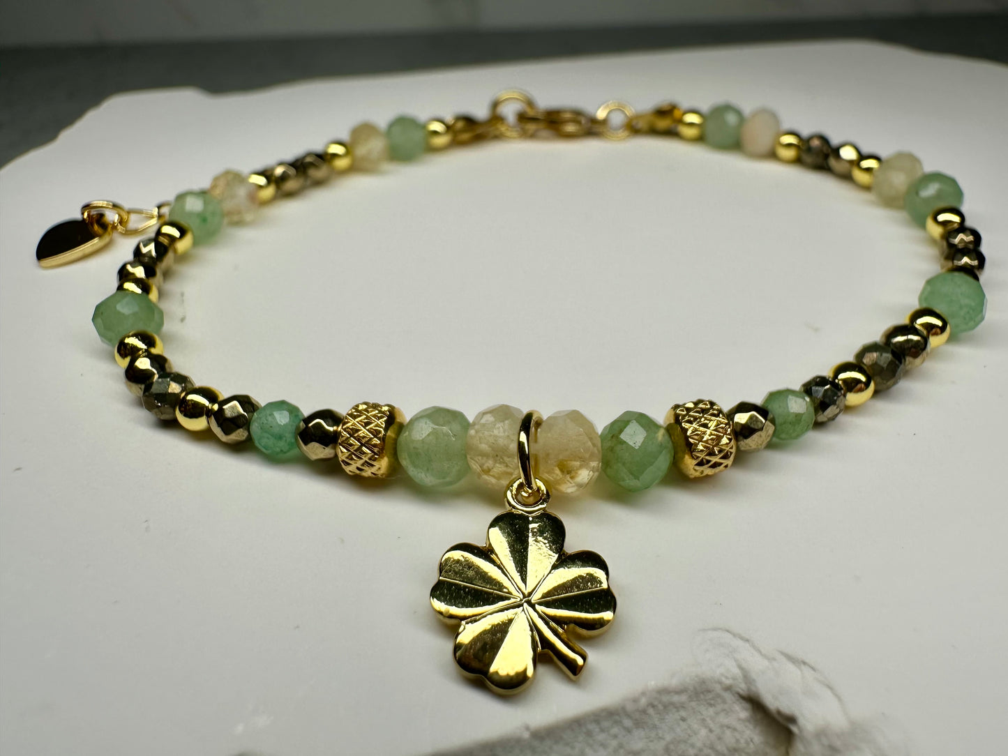 Money Attraction Bracelet – Pyrite, Citrine & Green Aventurine with Clover Pendant for Wealth, Luck & Prosperity