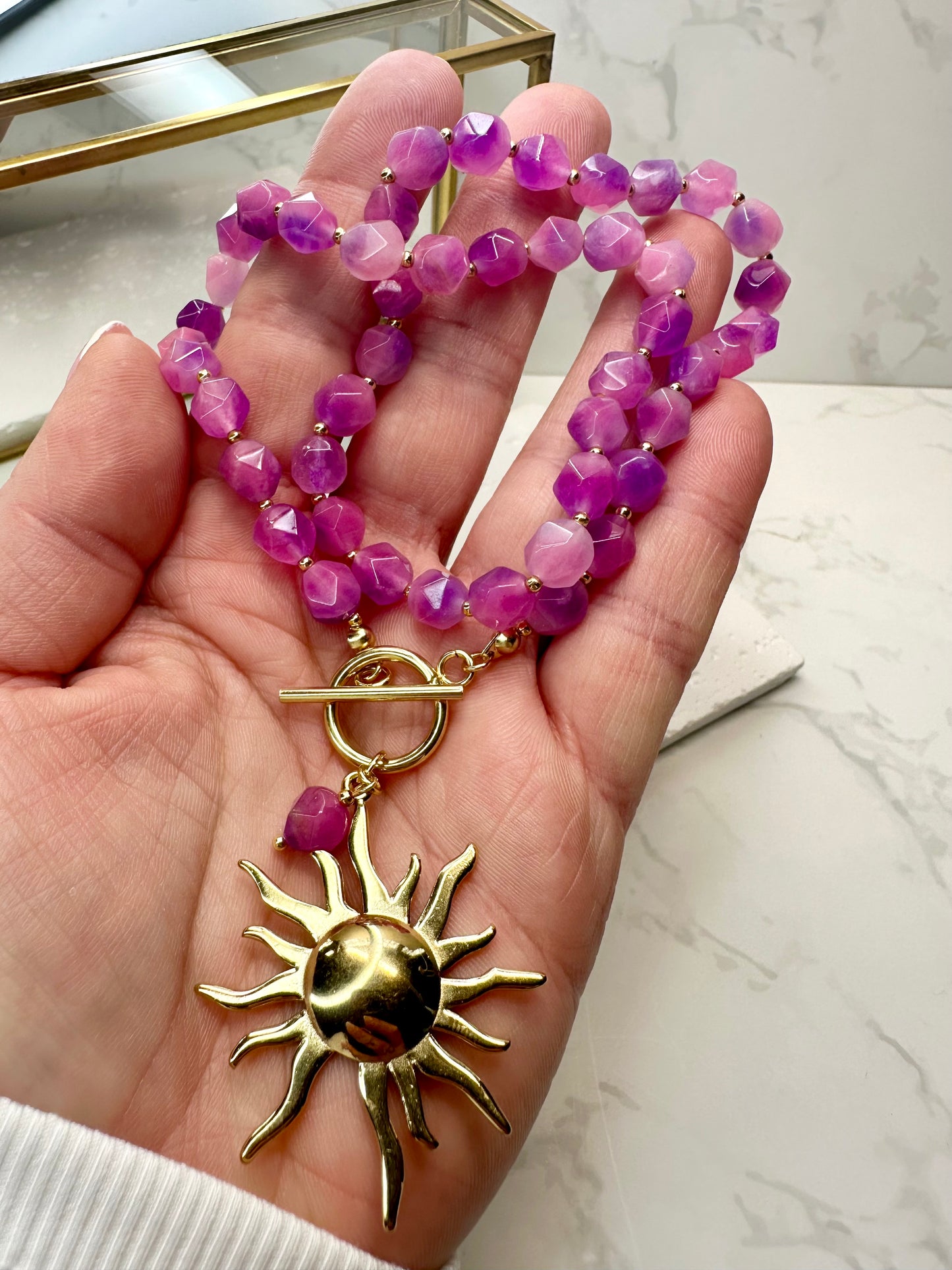 Pink Jade Necklace – Handmade Bohoq Jewellery with Large Sun Charm