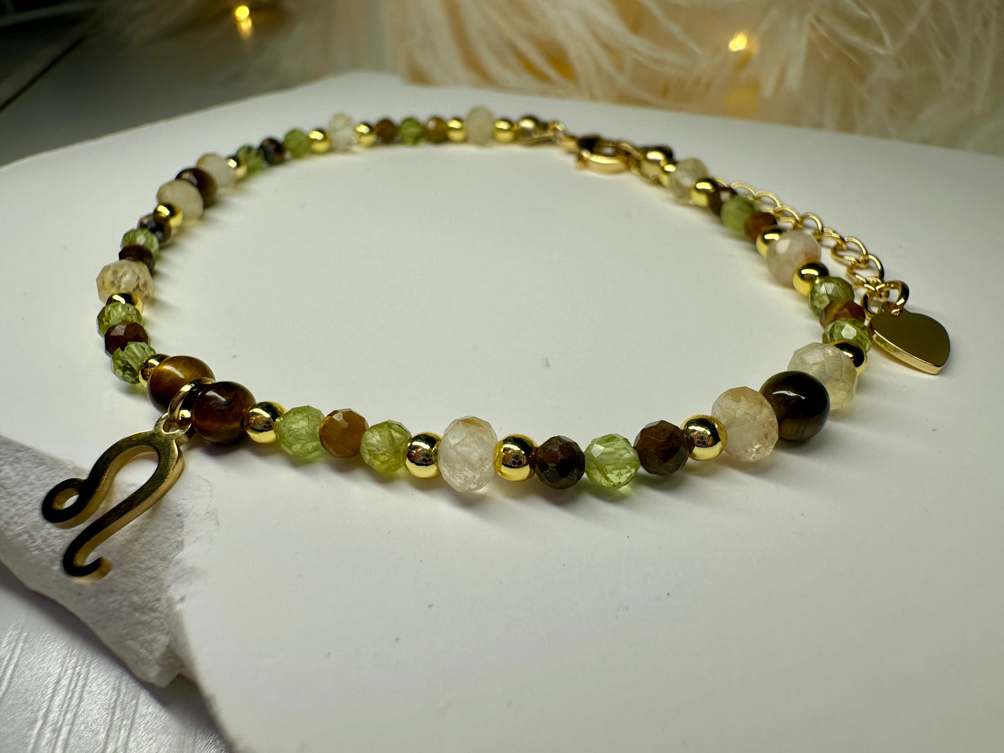 Handmade Leo Zodiac Bracelet – Peridot, Tiger Eye & Citrine Beaded Crystal Jewelry Astrology Birthday Gift