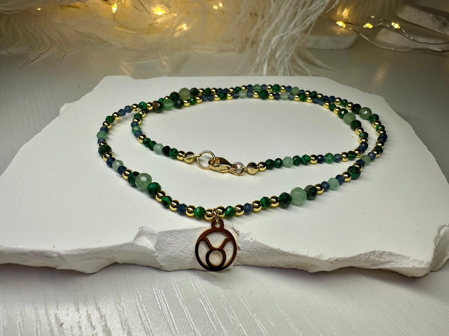 Handmade Taurus Zodiac Necklace – Malachite, Green Aventurine & Sapphire Beads