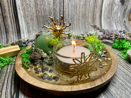 Abundance Ritual Candle Holder – Pyrite & Green Aventurine | Money Bowl