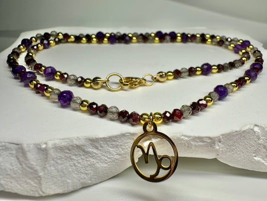 Capricorn Zodiac Necklace – Smoky Quartz, Garnet & Amethyst | Handmade Crystal Jewellery for Grounding & Ambition