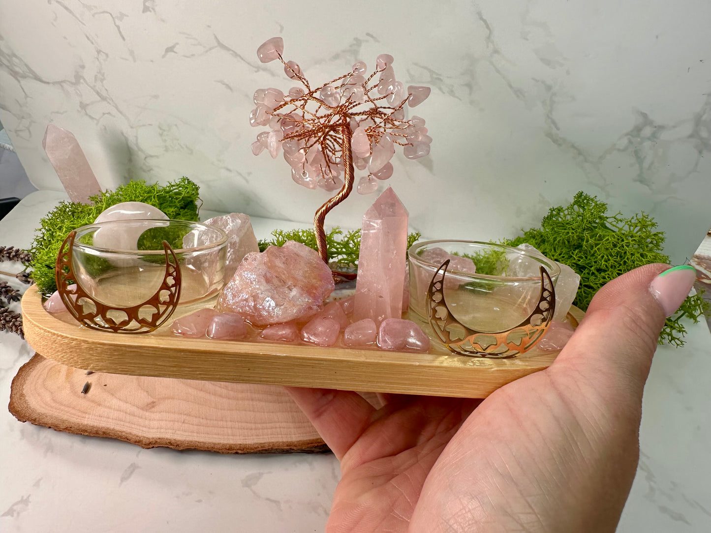 Love & Self‑Love Crystal Candle Holder | Rose Quartz Altar Tray | Divine Feminine Ritual Decor, Spiritual Gift,