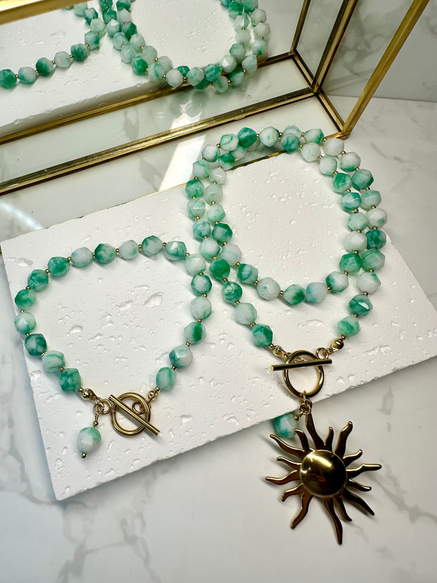 Two‑Tone Green & White Jade Bracelet • 8mm•Toggle Clasp