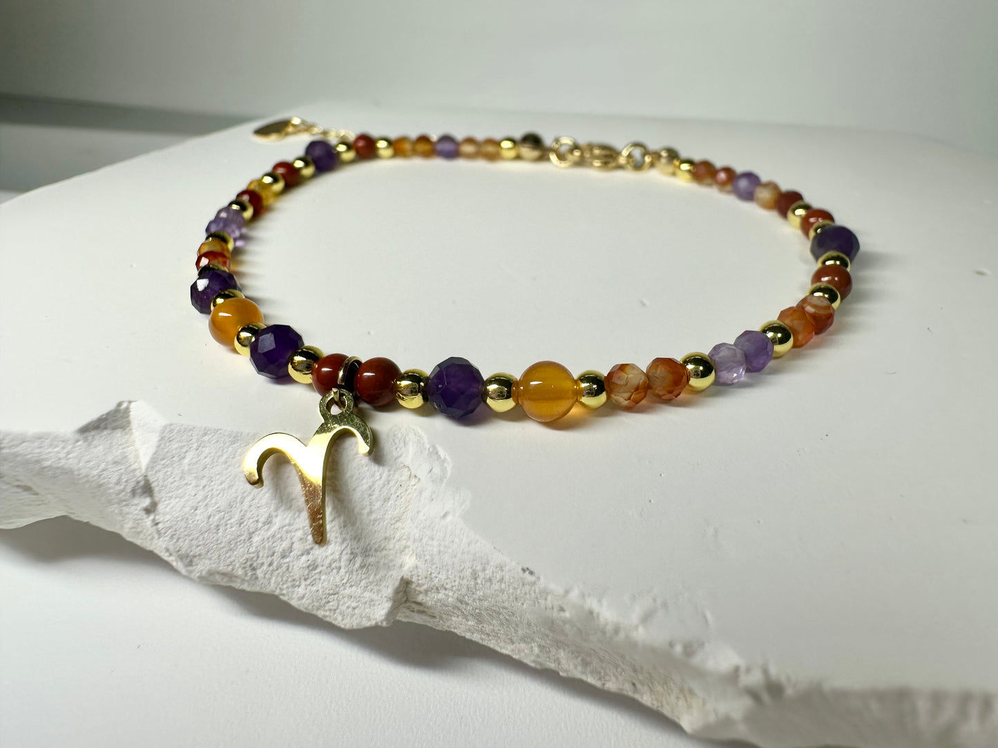 Aries Crystal Jewellery Set – Handmade Carnelian & Amethyst Beaded Necklace + Bracelet for Courage and Calm