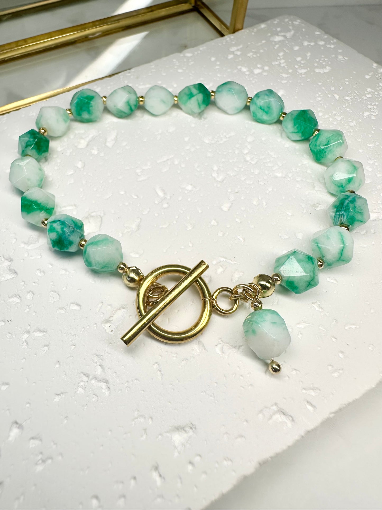 Two‑Tone Green & White Jade Bracelet • 8mm•Toggle Clasp