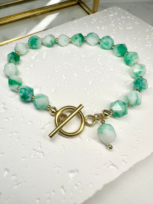 Two‑Tone Green & White Jade Bracelet • 8mm•Toggle Clasp