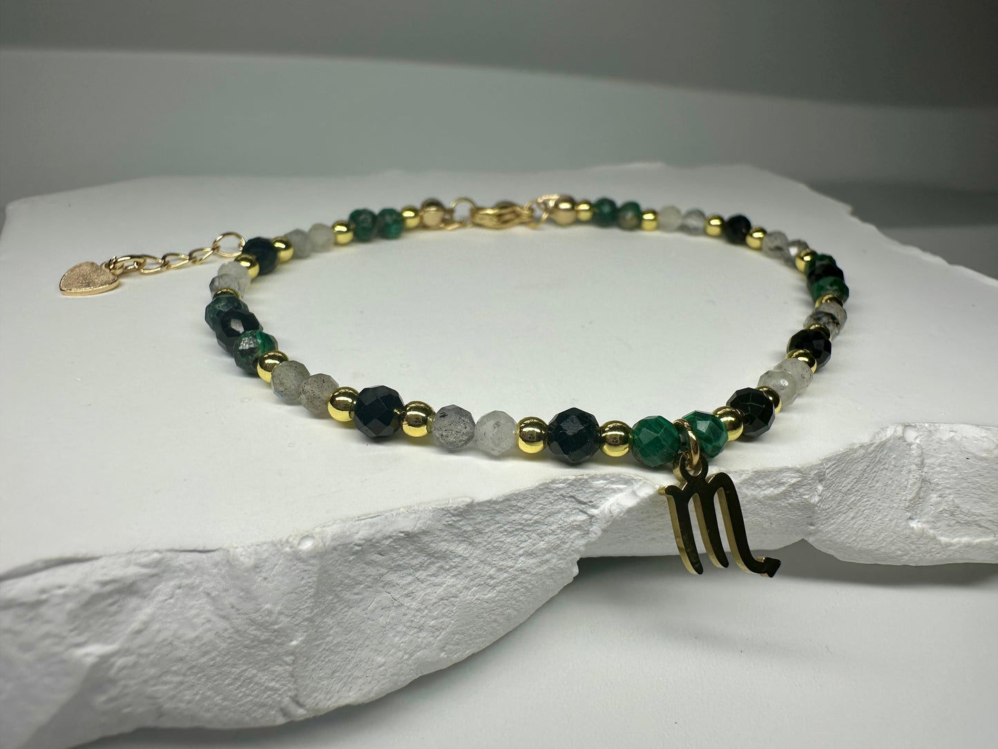 Scorpio Zodiac Beaded Bracelet – Black Tourmaline, Malachite & Labradorite for Protection & Intuition