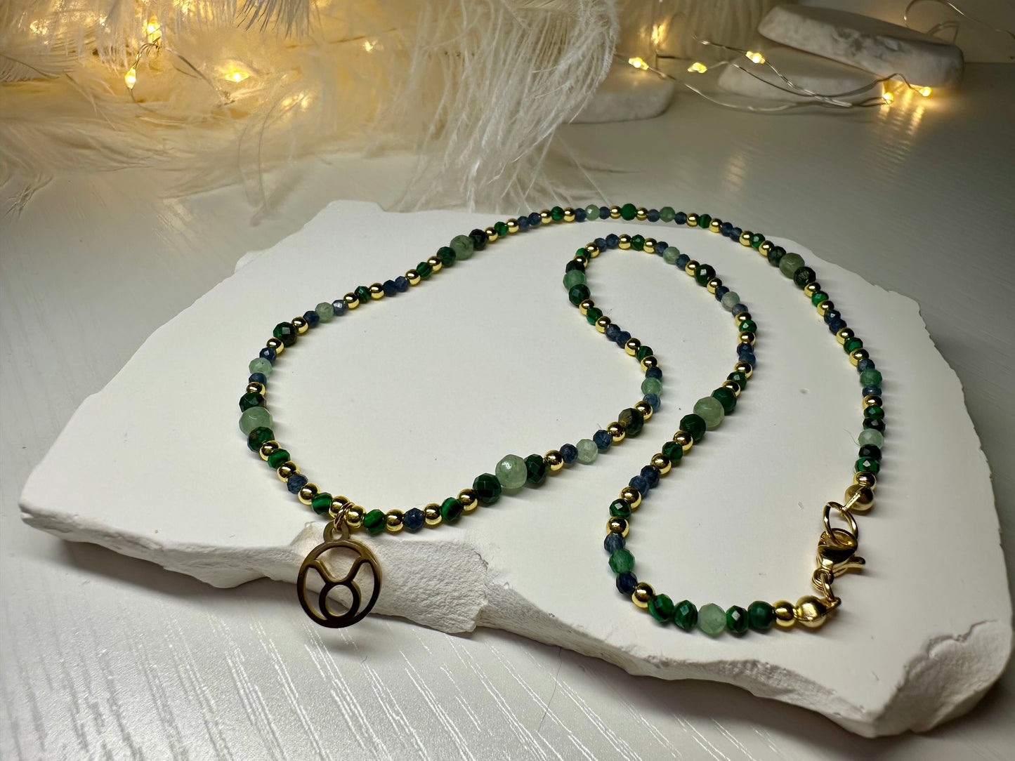Taurus Zodiac Jewelry Set – Handmade Malachite, Green Aventurine & Sapphire Necklace & Bracelet